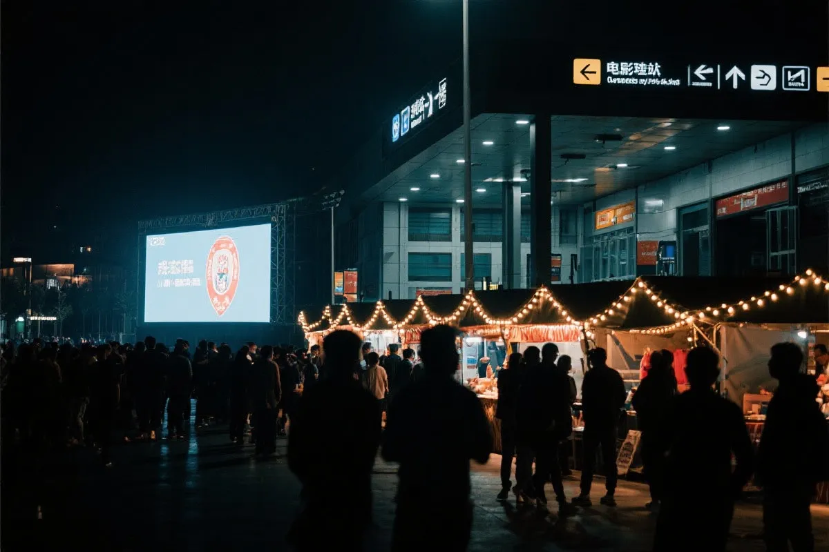 费城球迷广场夜景：大屏观赛人群、步行指示牌与公共交通入口